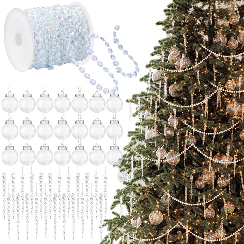 Daifunli 91 Pcs Crystal Christmas Ornaments Set Including 98 ft Crystal Bead Garland Icicle Iridescent Balls Ornaments for Xmas Tree Winter Party Decoration - Image 1